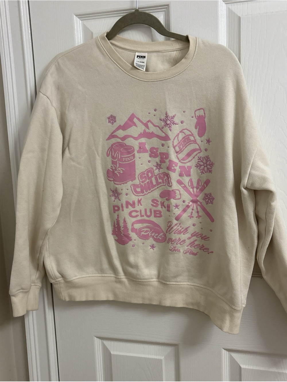 PINK Victoria's Secret Cream Sweatshirt with Pink Ski Graphic